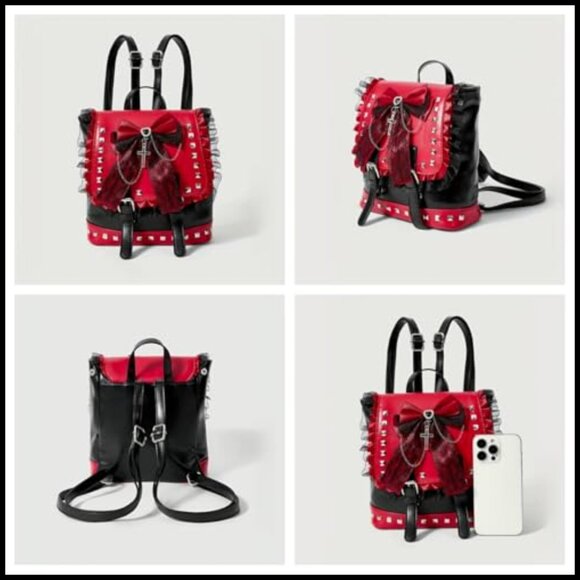 Gothic Mini Backpack Studded Lace Bow Cross Charm Adjustable Straps Faux Leather